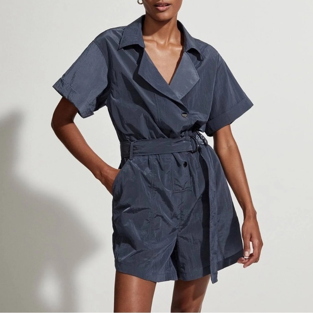 Varley Navy Short-Sleeve Belted Romper